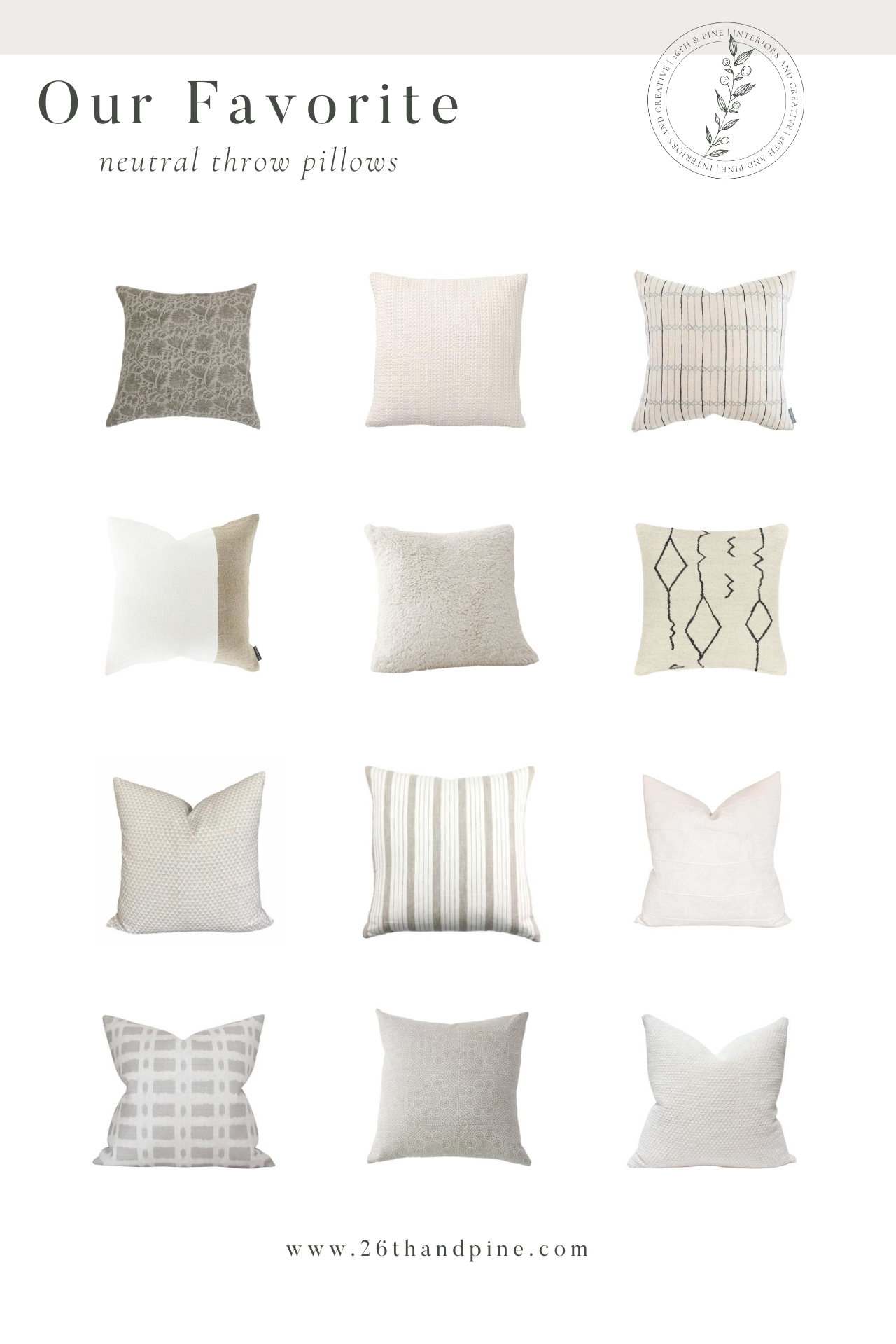 12 Different Neutral Throw Pillows with variety of patterns and textures.