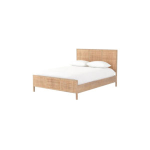 Natural Rattan Bed Frame with White Pillows and Mattress